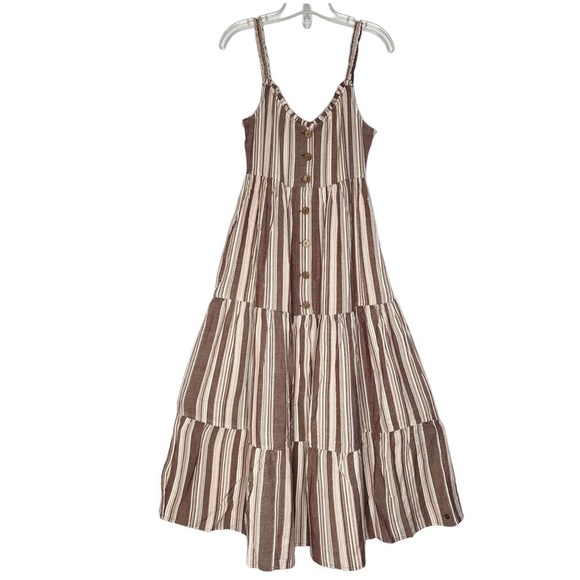 𝅺new Roxy Breeze on By Brown Beige Stripe Button Up Tiered Dress US S - Picture 2 of 11